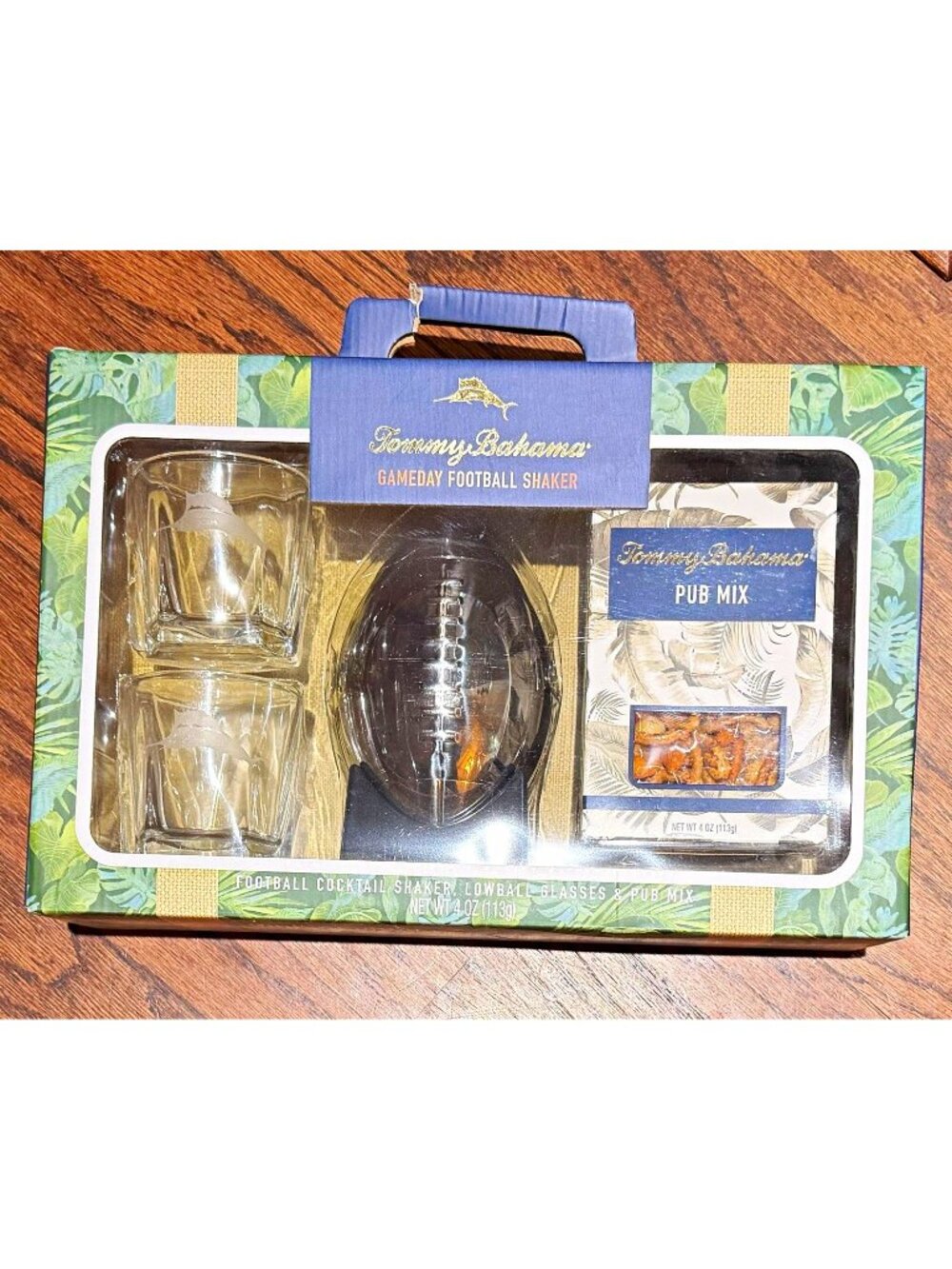 Tommy Bahama Gameday Football Shaker Kit w/ Lowball Glasses & Pub Mix 4oz